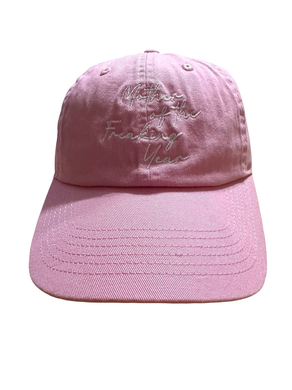 Pink Baseball Cap with “Mother of the Freaking Year” embroidered in white